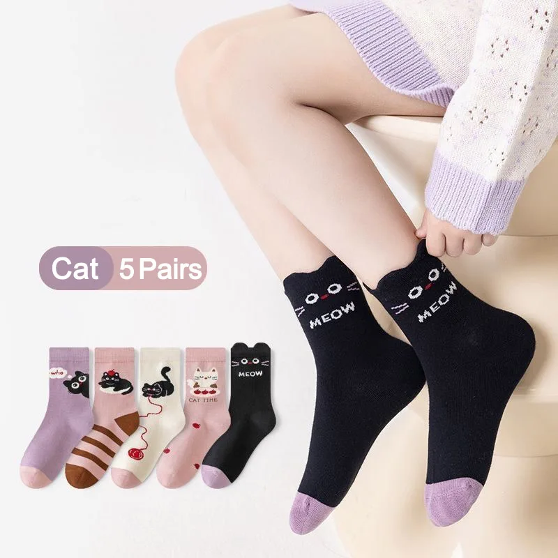 5 Pairs Girls Socks Cute Cartoon Cat Stripes Design Comfortable Breathable Kids Baby Socks For All Seasons