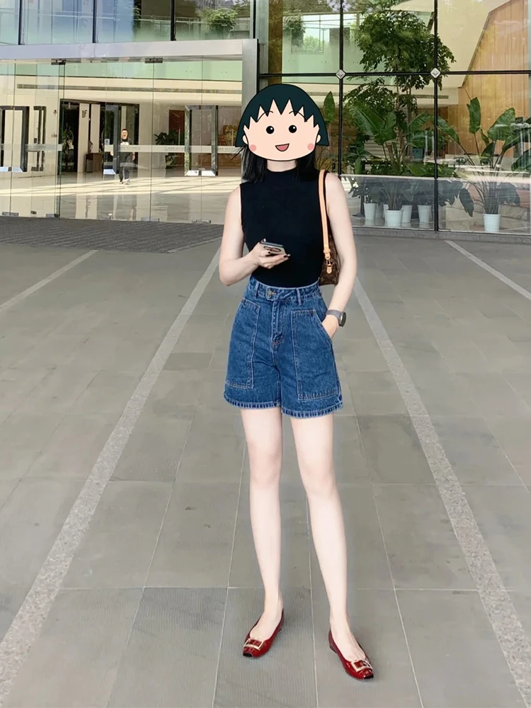 

Retro Blue Denim Short Pants Women's Thin High Waist Straight Leg Wide Leg Summer Jeans High Waist Short Length Summer Jeans