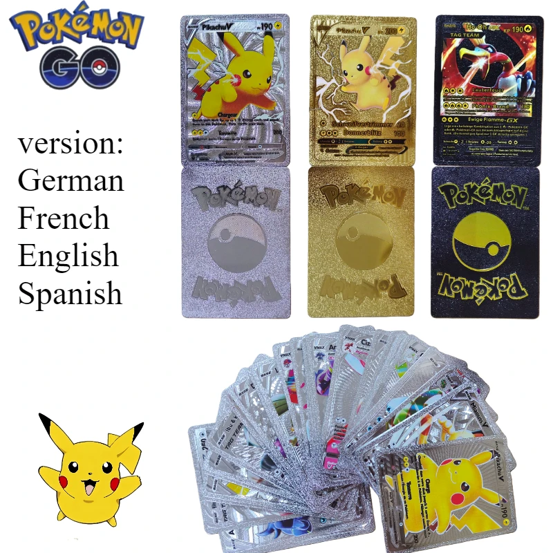 Hot 55pcs Pokemon Pikachu VMAX GX  V Gold/Silver/Black Cards, English Spanish German French Rare Anime Game Collection Card Toy