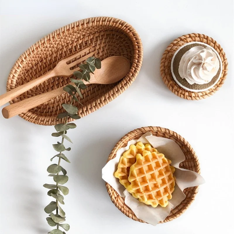 Rattan Handmade Real Rattan Fruit Basket Snack Bread Basket Tray Living Room Snacks Sundries Storage Basket Fruit Tray