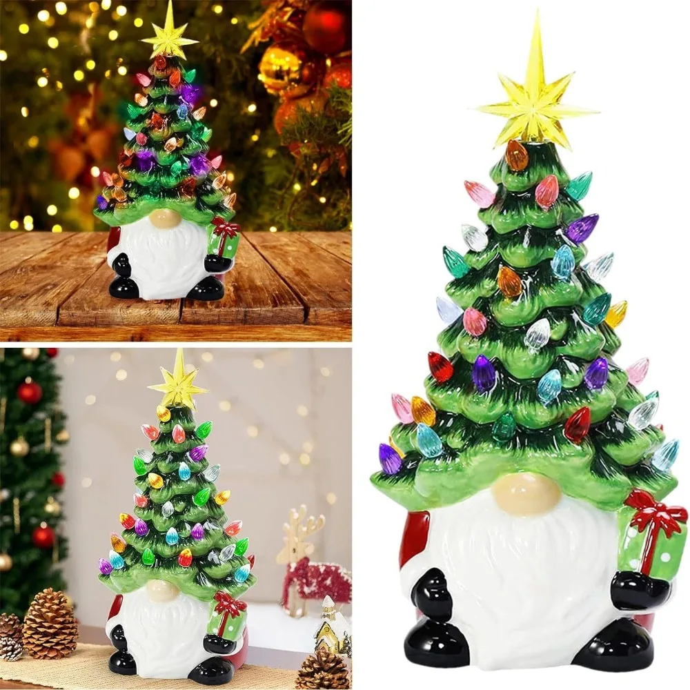 

Lighted Christmas Gnome dwarf ceramic Christmas tree Faceless Old Man Doll Ornaments with multi color lights festival decoration