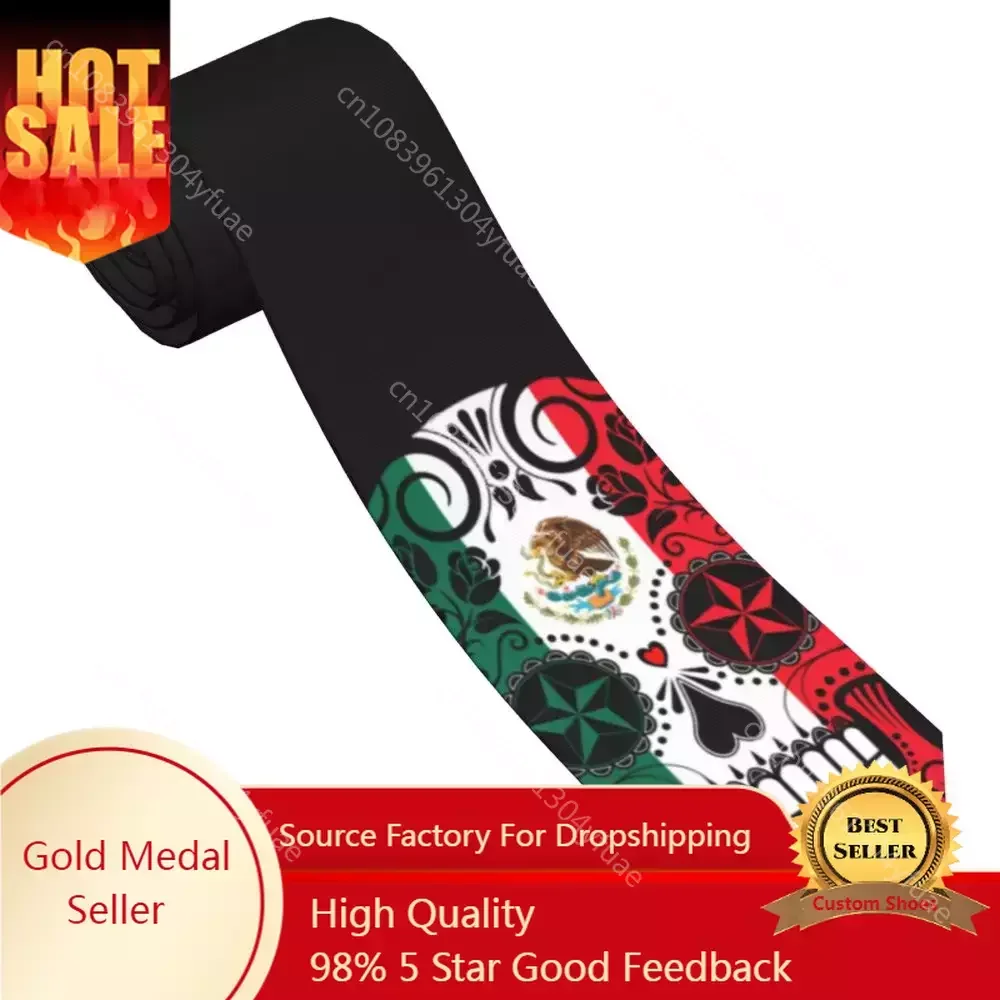 

Sugar Skull With Roses And Flag Of Mexico Slim Necktie Unisex Polyester 8 cm Wide Neck Ties for Men Accessories Office