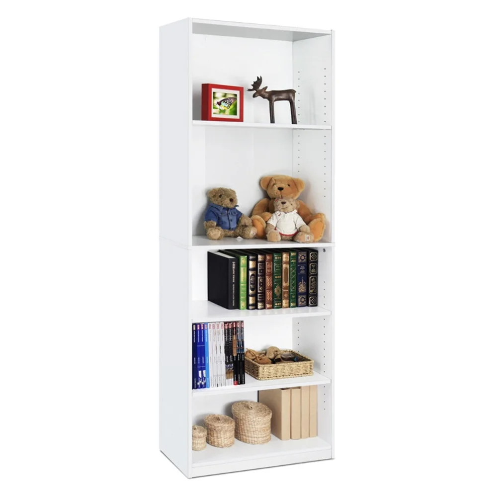 Adjustable 5-Shelf Bookcase Engineered Wood Simple Design Home Storage Space Saving Easy Assembly White Finish
