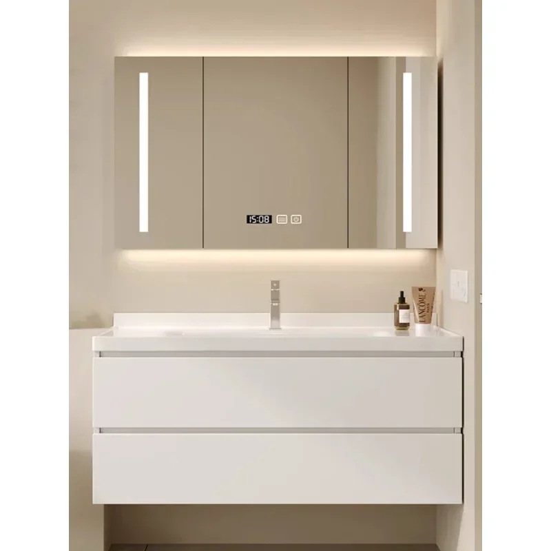 Modern simple solid wood cream wind ceramic integrated basin bathroom cabinet hand  washbasin combination