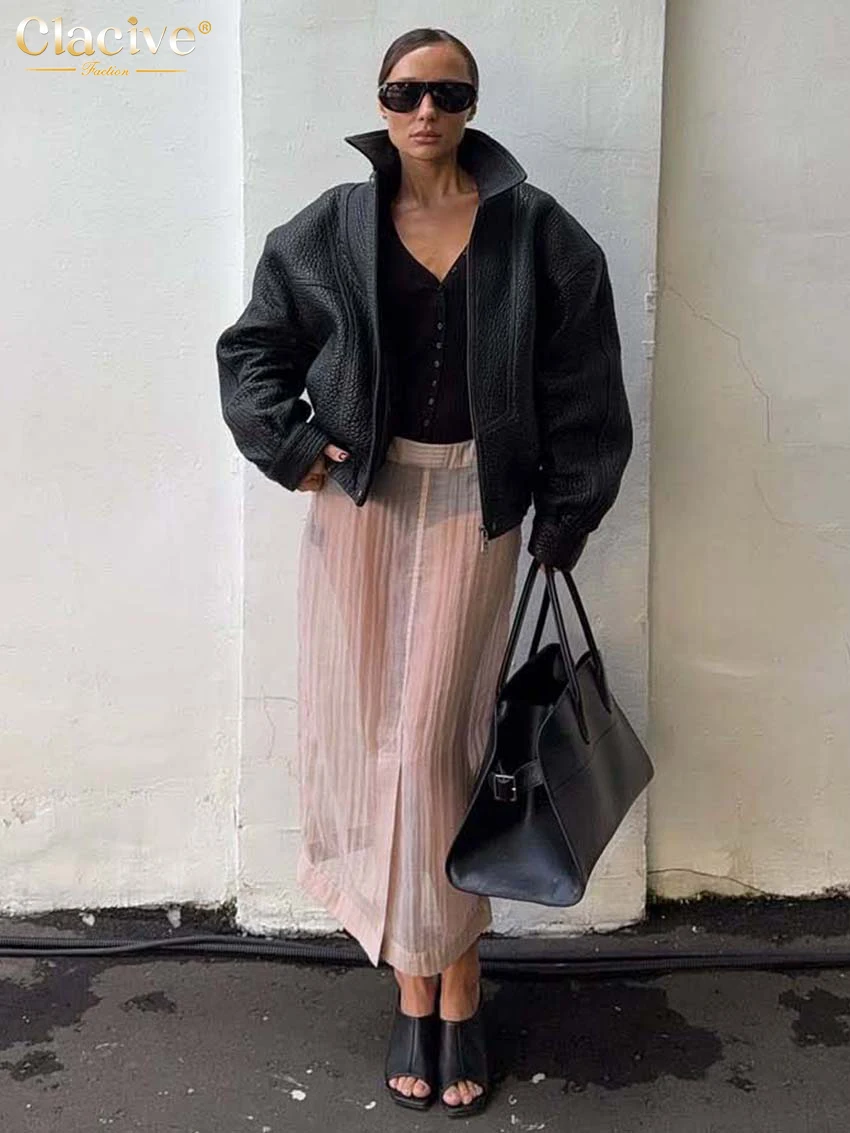 

Clacive Fashion Loose Pink Women's Skirt 2025 Sexy High Waist Ankle-Length Skirt Lady Elegant See Through Skirt Female Clothing