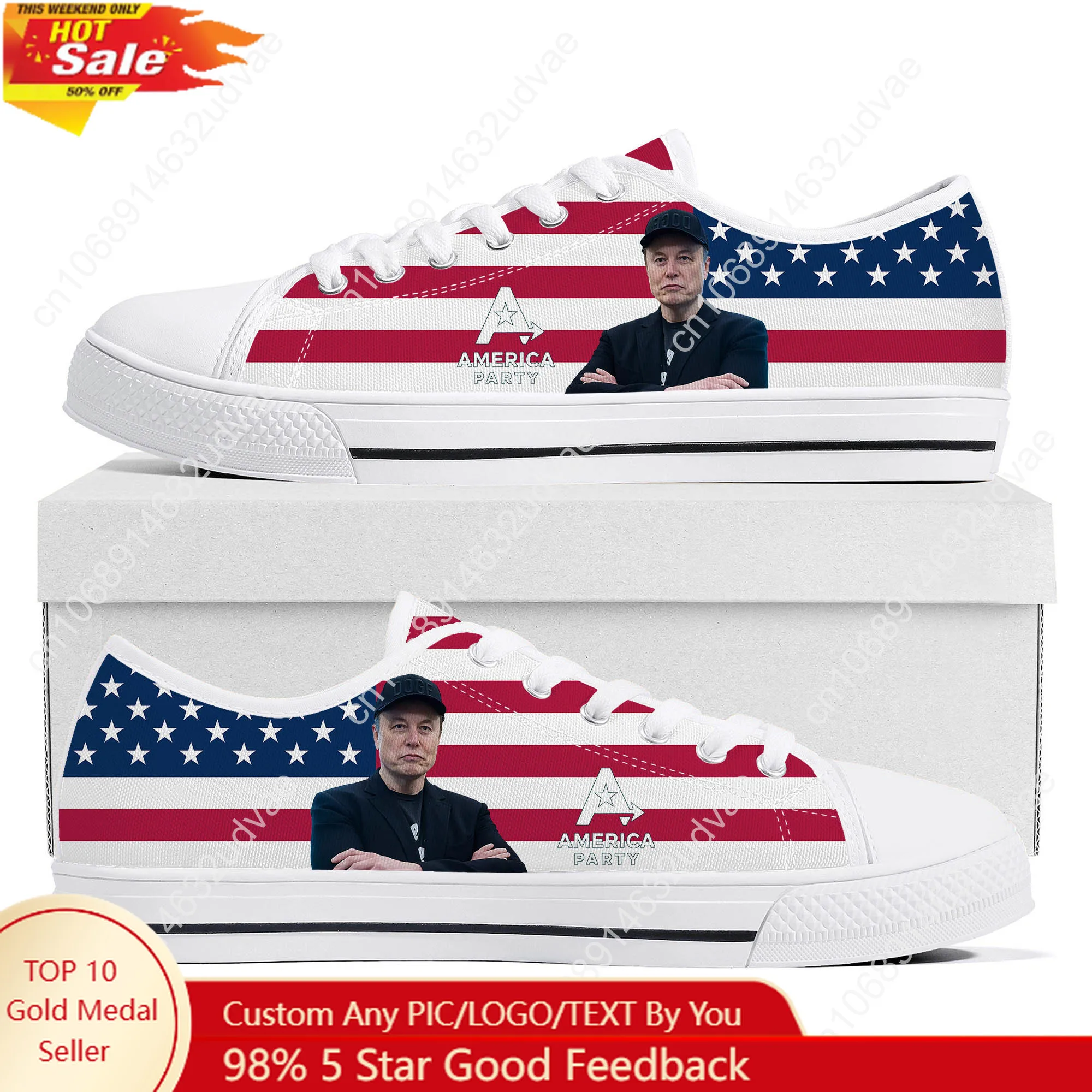 

America Party Low Top Shoes Man Woman Canvas Casual Sneaker Elon Musk Durable Sneakers Couple Footwear Custom Made Shoe White