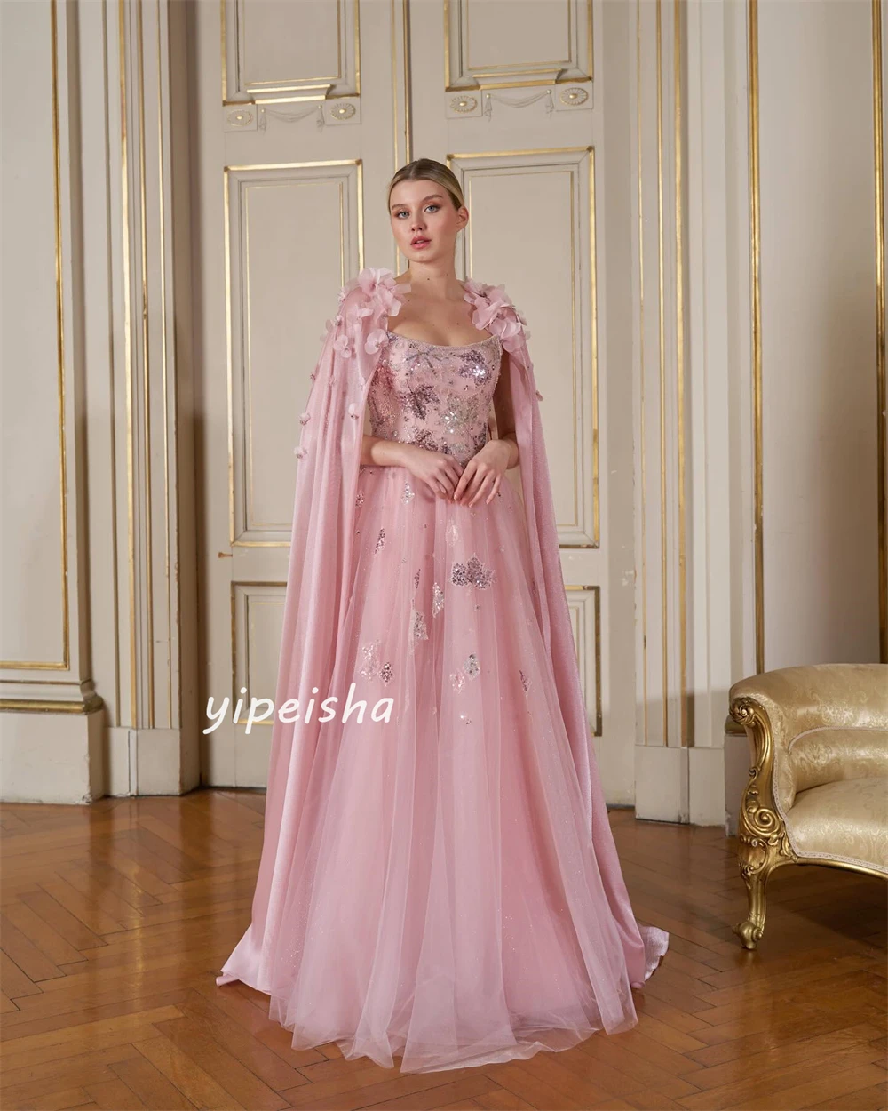 Robe de Bal Longue en Filet à Paillettes, Ligne A, Col Carré, sur Mesure, pour Occasions