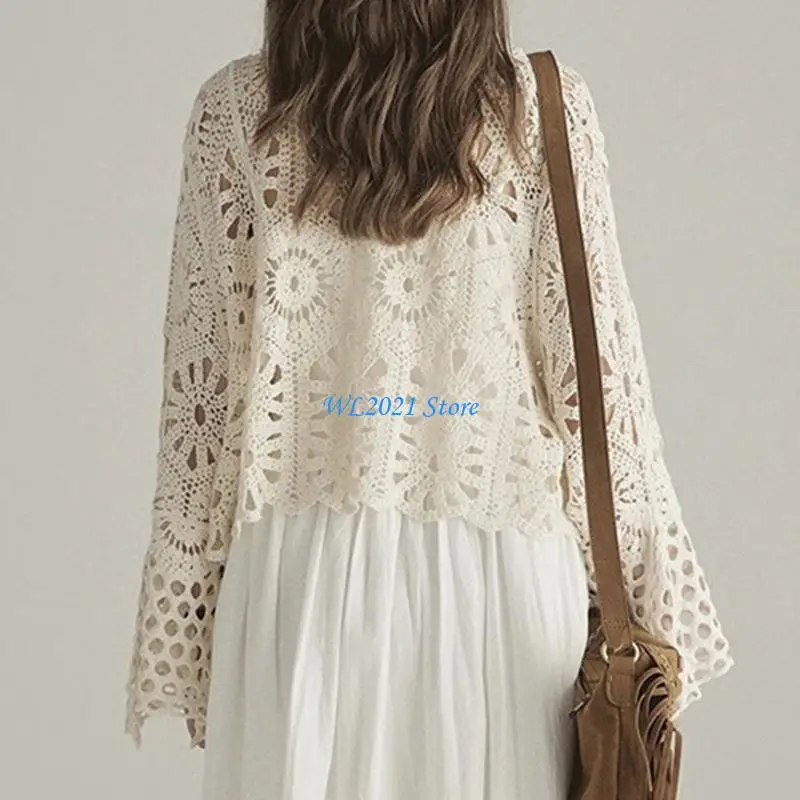 

G5GC Elegant Hollow Out Knit Shirt Blouses for Women Breathable Fabric Versatile Long Sleeve Cotton Cardigan Knitted Knitwear