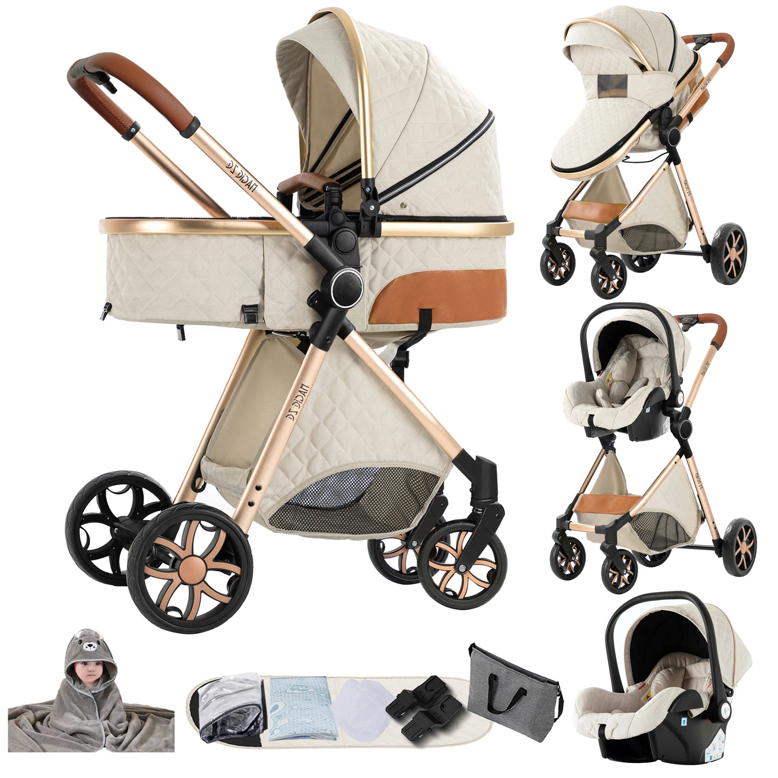 Magic ZC 3-in-1 Baby Reiswiegensysteem, Compacte Opvouwbare Kinderwagen met Reiswieg, Babyautostoeltje en Omkeerbare Zitting, Hoge Landschapswagen, Schokdemperwielen, Verstelbaar Handvat, Eénhands