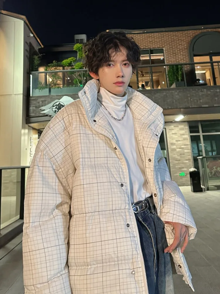 

Men's Winter Thiened Loose Fit Bread Coat Korean Sle Stand Collar Plaid Cotton Jaet Warm Casual Faion High Quali