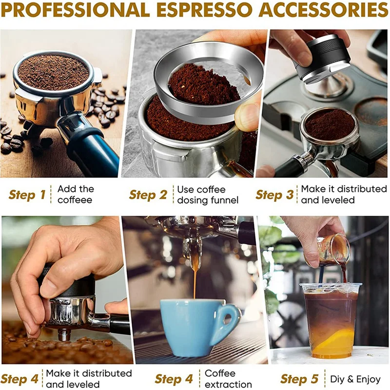 At16 51mm calcadeira de café e distribuidor de café expresso, 51mm conjunto de funil de dosagem de café expresso de aço inoxidável, nivelador de café de cabeça dupla