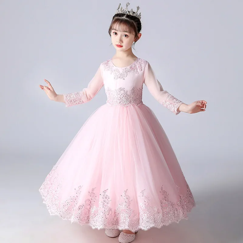 Spring Autumn Party Dress for Kids Girl Lace Long Sleeve Children Girls Sequin Dress Fashion Solid Color Girls Dresses 4-13Years