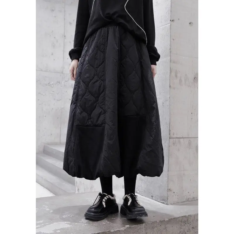 Gaganight Women Black Fashion Knitted Spliced Thick Cotton Padded Skirt 2024 Autumn Winter New Mid Long Fluffy Warm Half Skirt