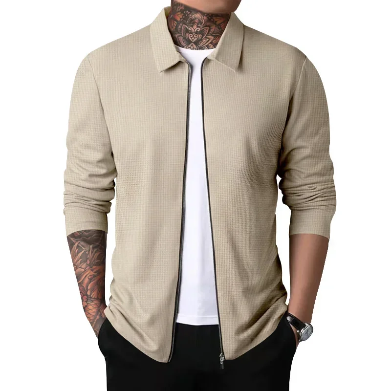 Spring Autum New Men's Solid Color Casual Waffle Turn Down Sweatshirts for Men Golf Wear Men Outerwear Men's Clothing Tops 4XL