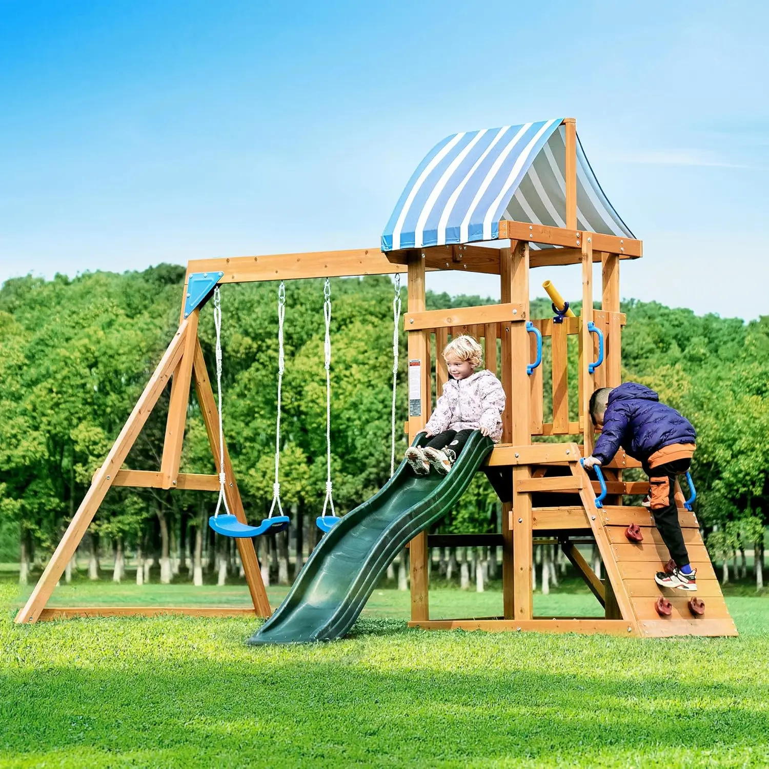 Ensembles de balançoires pour jardin, balançoire en bois, équipement de jeu d'extérieur tout-en-un pour enfants avec deux balançoires, toboggan, mur d'escalade, Bl