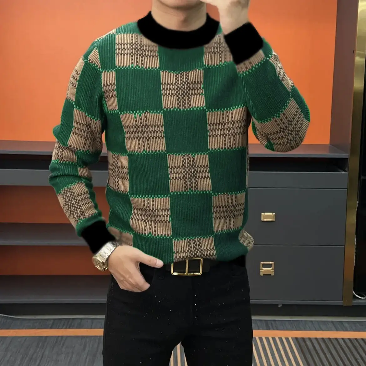 Autumn Winter New Men\'s Stylish Sweater Men\'s Slimming Long Sleeved Round Neck Knitted Sweater, Middle-aged Base Shirt