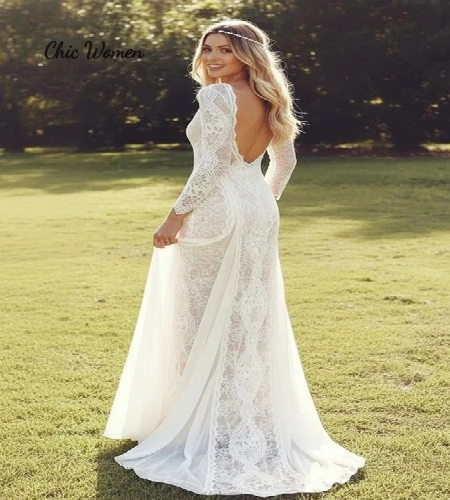 Enchanted Forest Bohemian Wedding Dress 2026 Long Sleeve Celtic Destination Beach Bridal Dress Crochet Lace Garden Bride Dress