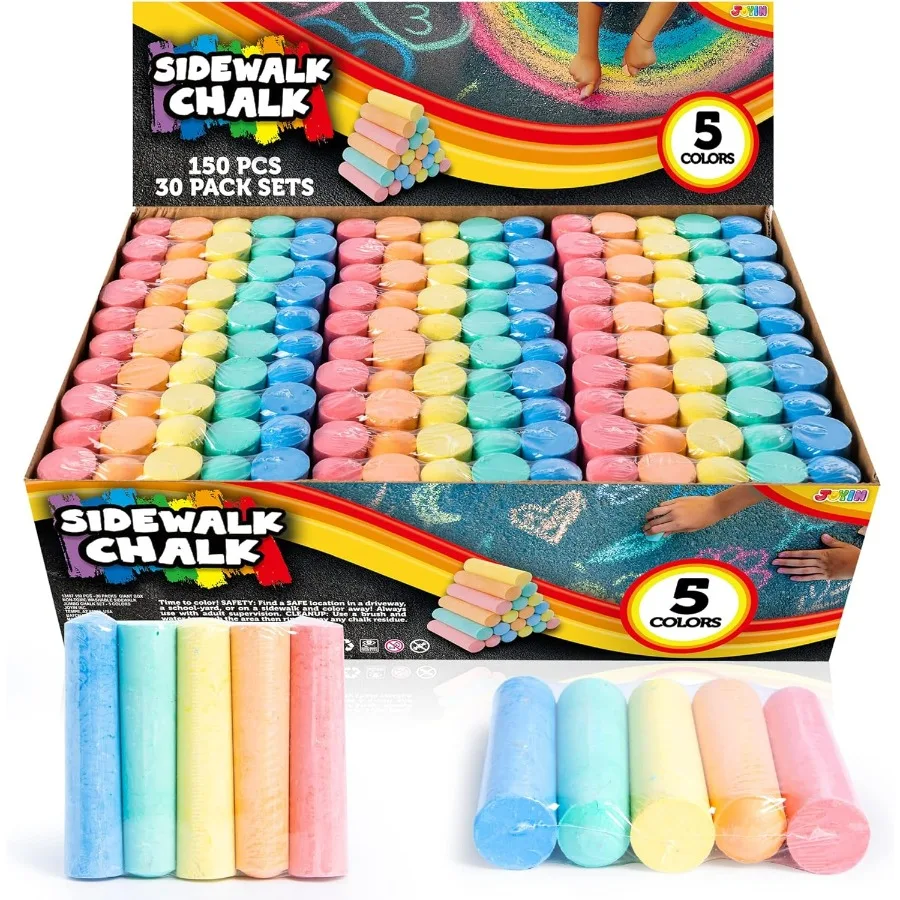 150 Pcs Sidewalk Chalk Set in 30 Packs with 5 Colors Giant NonToxic Jumbo Washable Chalk Ideal for Outdoor Art Play Creative Pa