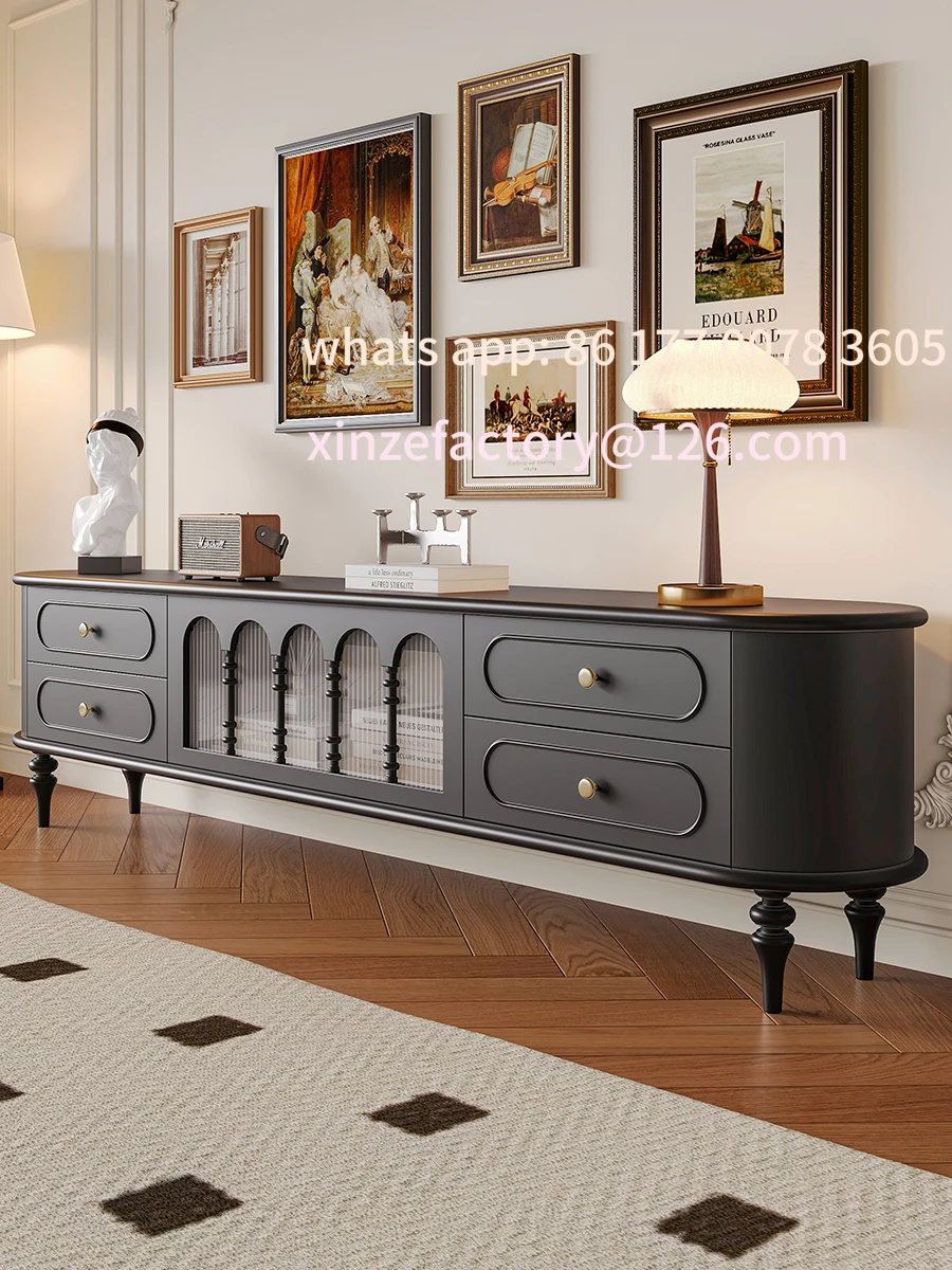 

Customizable French solid wood black paint TV cabinet American retro style for small households