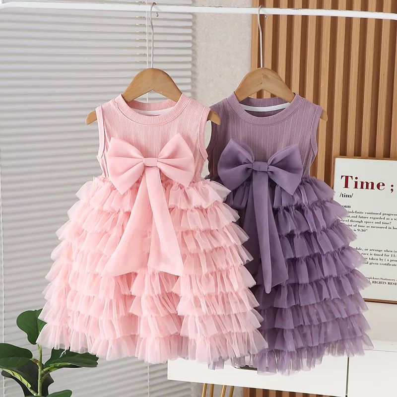 Children's Mesh Cake Skirt Summer Girls Sleeveless Bow Dress Versatile Fluffy Long Skirt