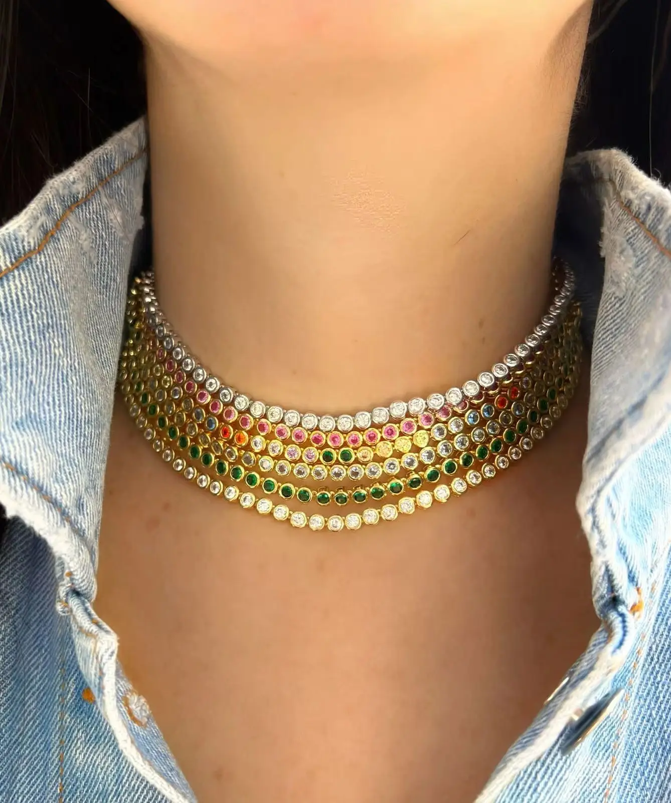 Classic Geometric Round Cubic Zirconia Tennis Necklaces for Women Green White Stone Gold Silver Color Fashion Jewelry for Party