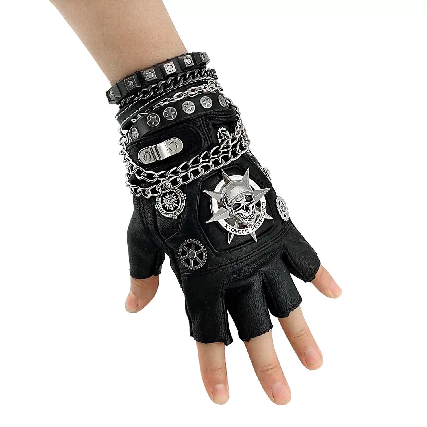 2024 Gothic Hip Hop Punk Leather Fingerless Gloves Men Women Rivet Skull Motorcycle Sport Techwear Gloves Guantes