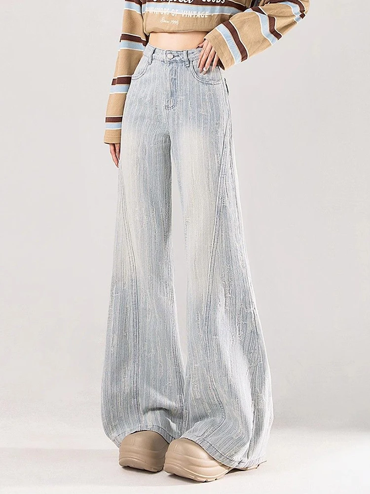 Korean Fall Women Flare Jeans Woman Fashion High Waist Jacquard Design Loose Casual Denim Pants Chic Button Horseshoe Trousers