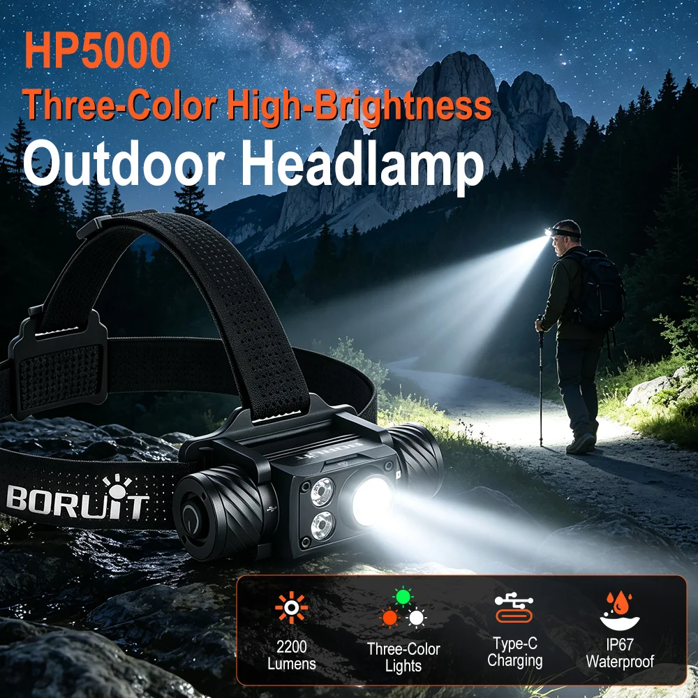 BORUiT HP5000 Ultra Bright LED Headlamp 2200LM SST40 21700 Headlight Type-C Rechargeable Head Torch for Camping Fishing Hunting