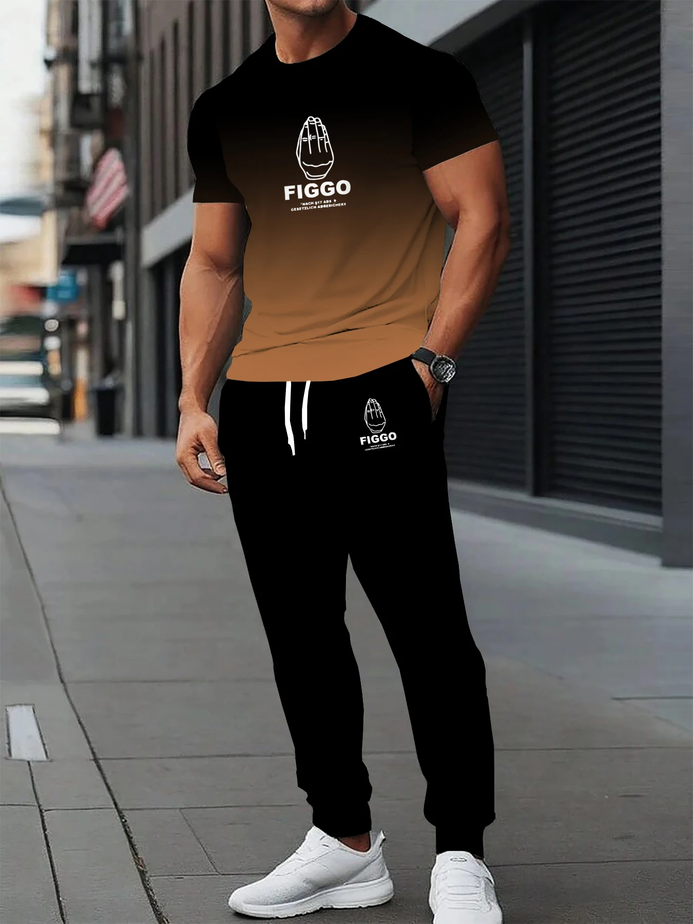 

Summer new men's casual two-piece round neck short sleeved T-shirt and drawstring pants with pockets knitted outdoor sportswear