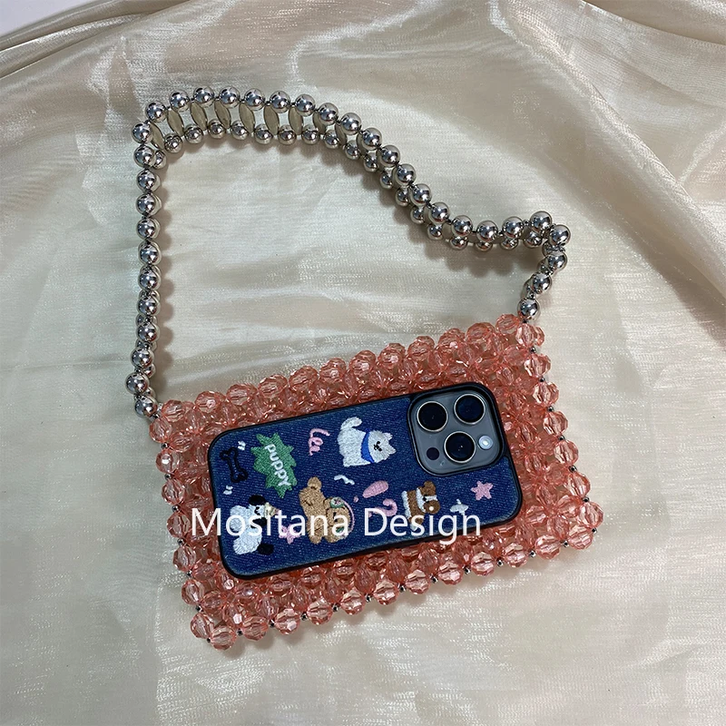 Customized Crystal Bag Fashion INS Pink Beaded Weaving Silver Splice Handheld Women\'s Shoulder Bags Trend Personalized Handbag