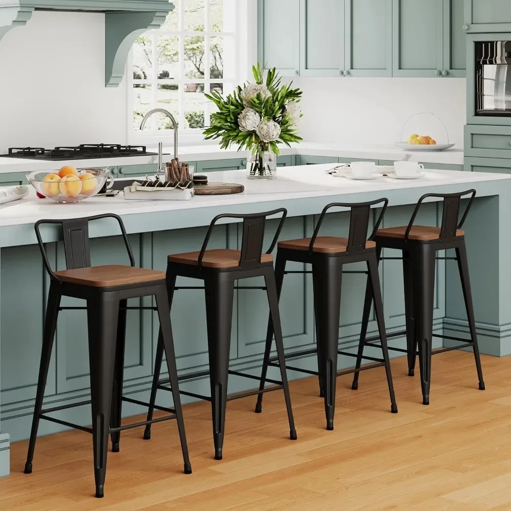 

24" Low Back Metal Counter Stool Height Bar Stools with Wooden Seat [Set of 4] Barstools, Matte Black