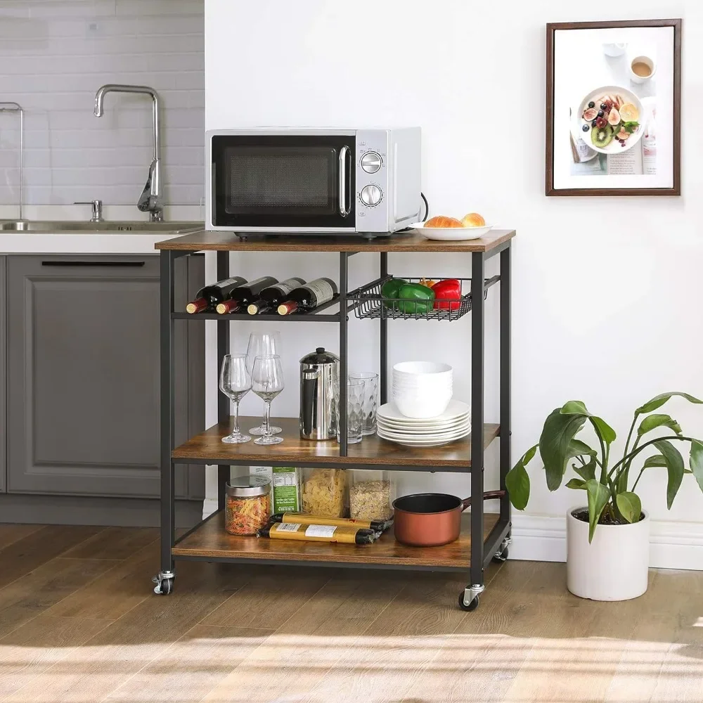 

Kitchen cart, food storage rack with metal mesh basket, bottle holder and storage rack, industrial style, rustic brown