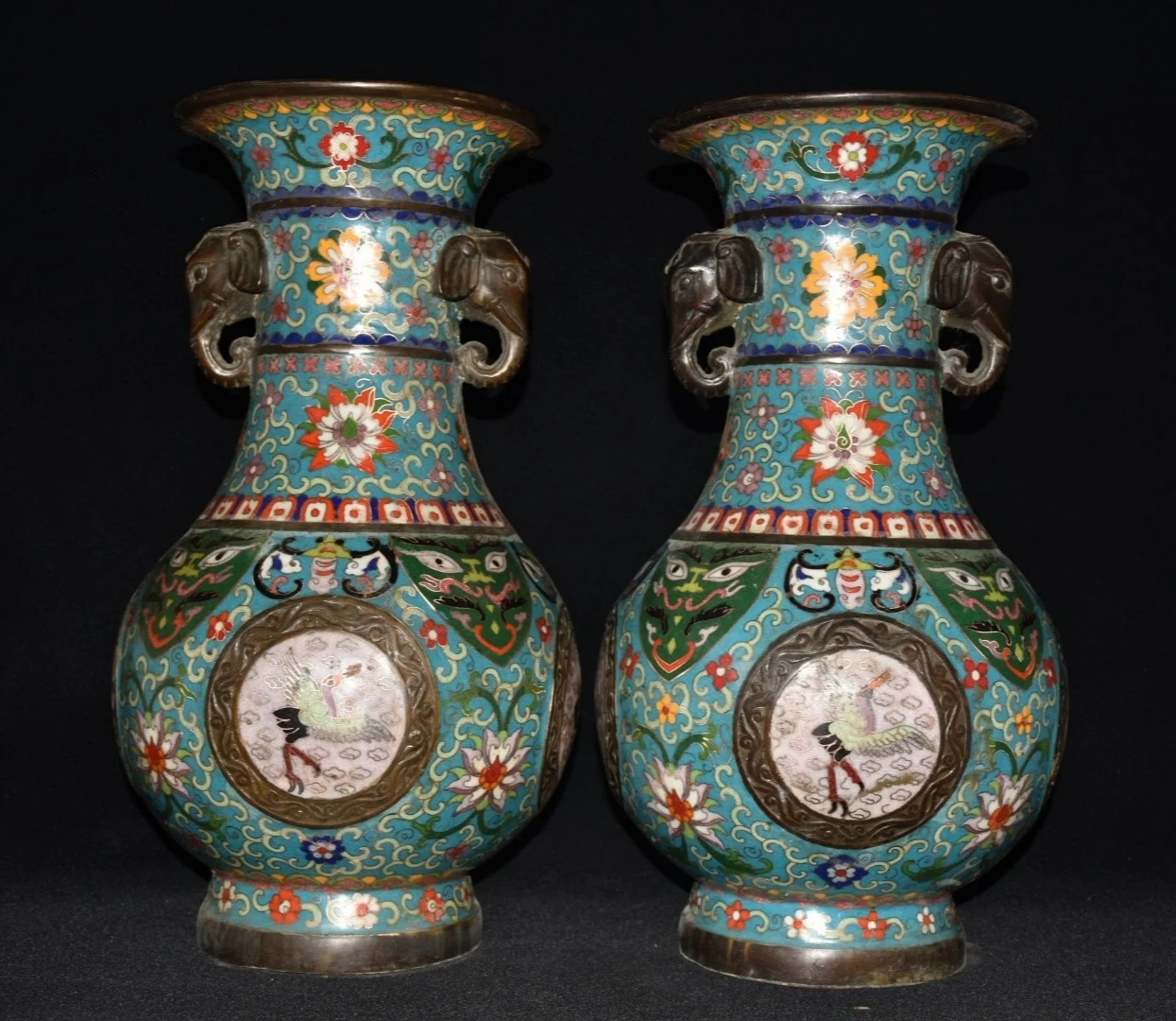 

14"Tibetan Temple Collection Old Bronze Cloisonne Enamel Elephant Head binaural Crane Vase A Pair Gather fortune Town house