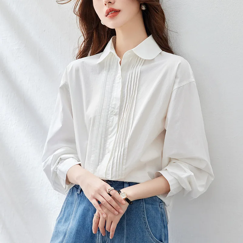 

Women White Shirts 2026 Spring Women's White Pleated Shirt Long Sleeve Cotton Literary Elegant Casual Blouse Top Streetwear