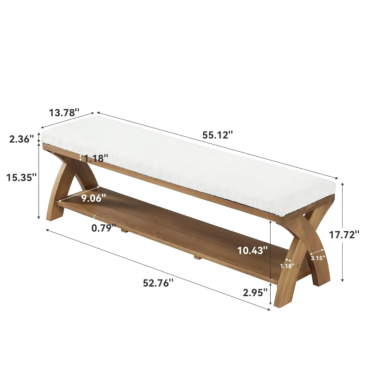 Solid Wood Shoe Bench with Cushion Padded Seat, 55-Inch Farmhouse Entryway Bench Shoe Rack Organizer with X-Shaped, Customized