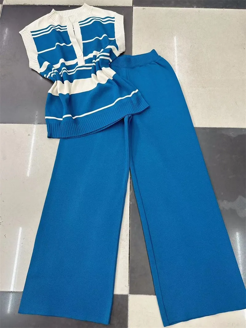 Set di pantaloni Vintage eleganti in maglia da 2 pezzi gilet senza maniche da donna + pantaloni a gamba larga abiti completi estivi Casual Fashion Matching Set