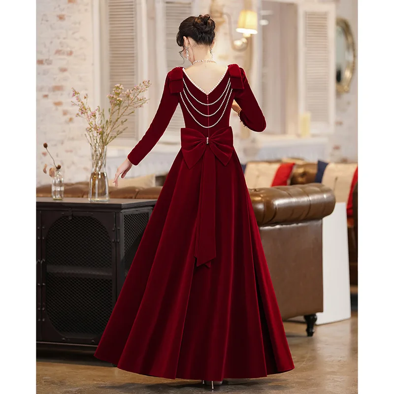 Burgundy Velvet Evening Dress Elegant Beaded Square Collar Engagement Dresses Temperament Bow Long Sleeve Formal Banquet Gown