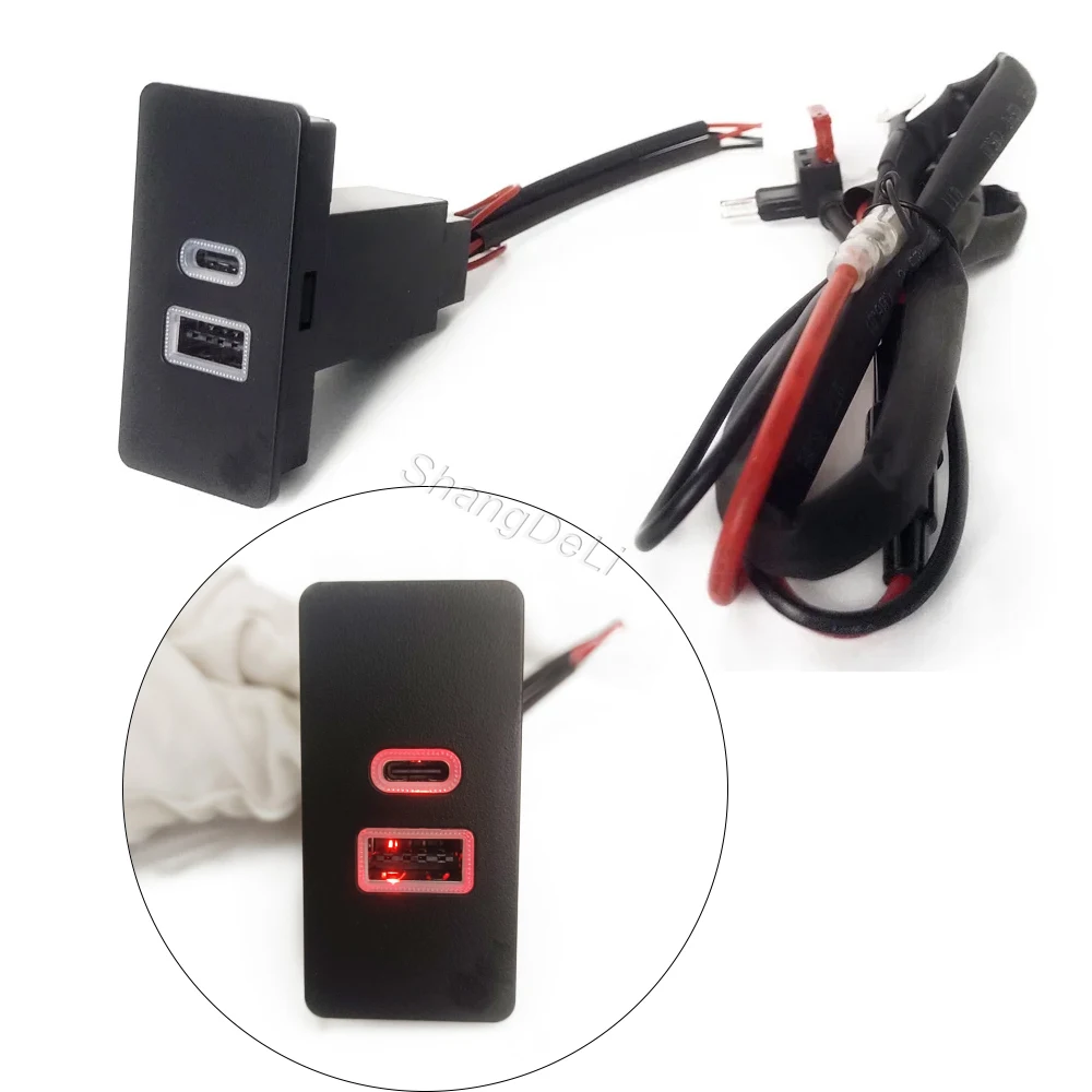 

12V/24V Car Type C PD USB Red LED Light Dual Phone Charger Adapter Fit For Golf 7/7.5 Passat Jetta