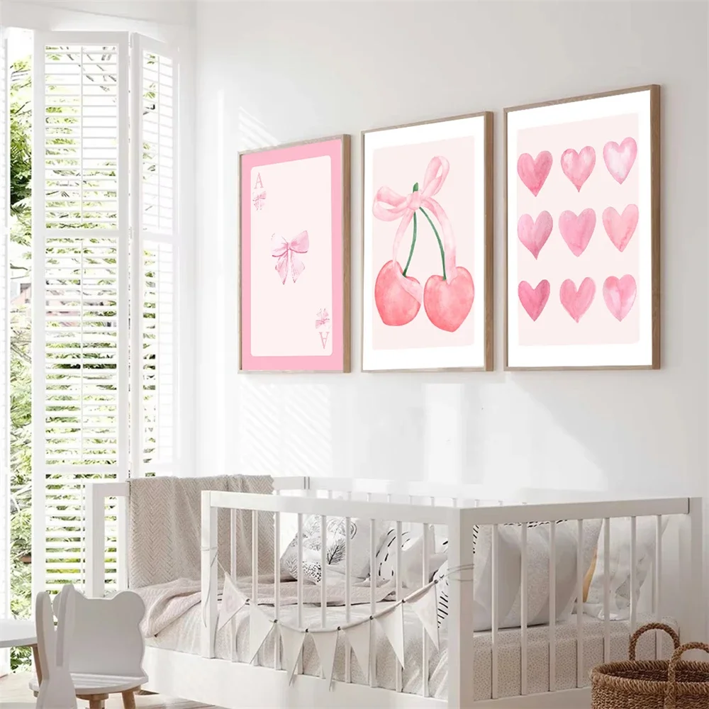 Lazos rosas de moda, lazos de acuarela universitarios Preppy, coqueta femenina, póster impreso, imágenes artísticas de pared, pintura en lienzo, decoración del hogar para habitación