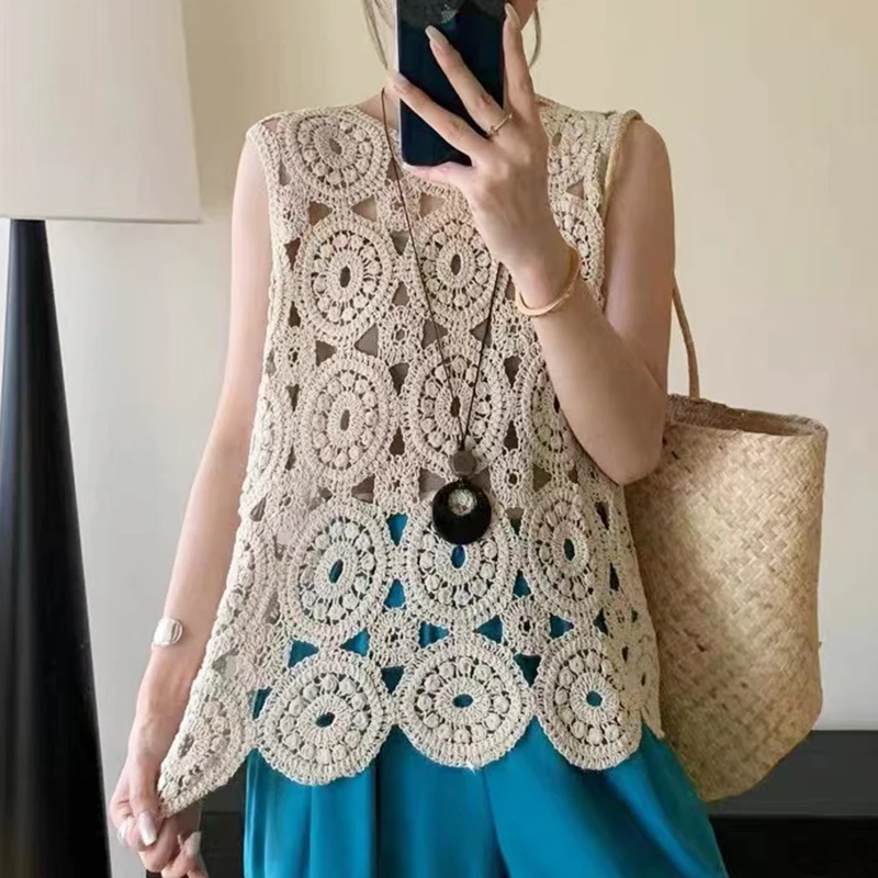 

Винтажная ажурная блузка с крючком и цветком, летняя вязаная жилетка без рукавов, топы с круглым вырезом, повседневная женская рубашка с вышивкой