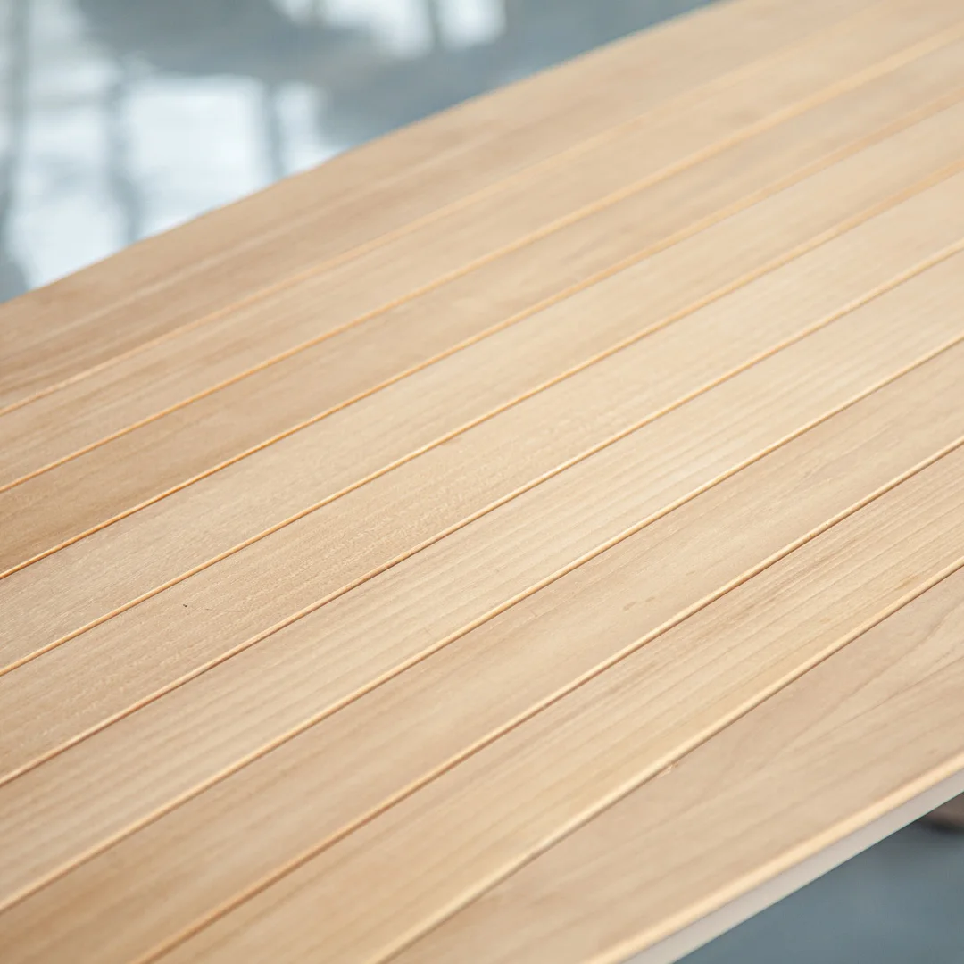 Stół ogrodowy prostokątny z aluminium i drewna tekowego na patio hotelowe, stół do jadalni z drewna tekowego.