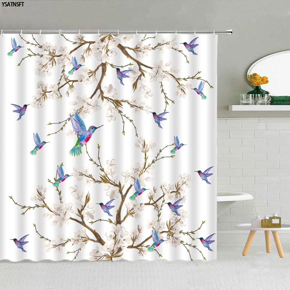 Flower Birds Shower Curtain Floral Plum Blossom Tree Birds Branches Nature Spring Art Farmhouse Fabric Bathroom Decor Set Hooks