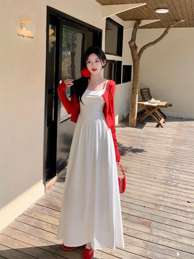 

plus Size Women's Sweet White Knitted Wrap Dress Red Knit Cardigan Top Summer New Style Korean Style Slim Fit Long Sleeve Dress