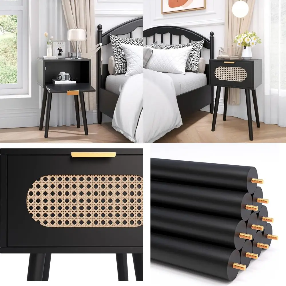 

Пара черных дверных тумбочек из ротанга в стиле бохо, ножки из массива дерева, идеально подходят для небольших помещений, акцентные столы для спальни и гостиной