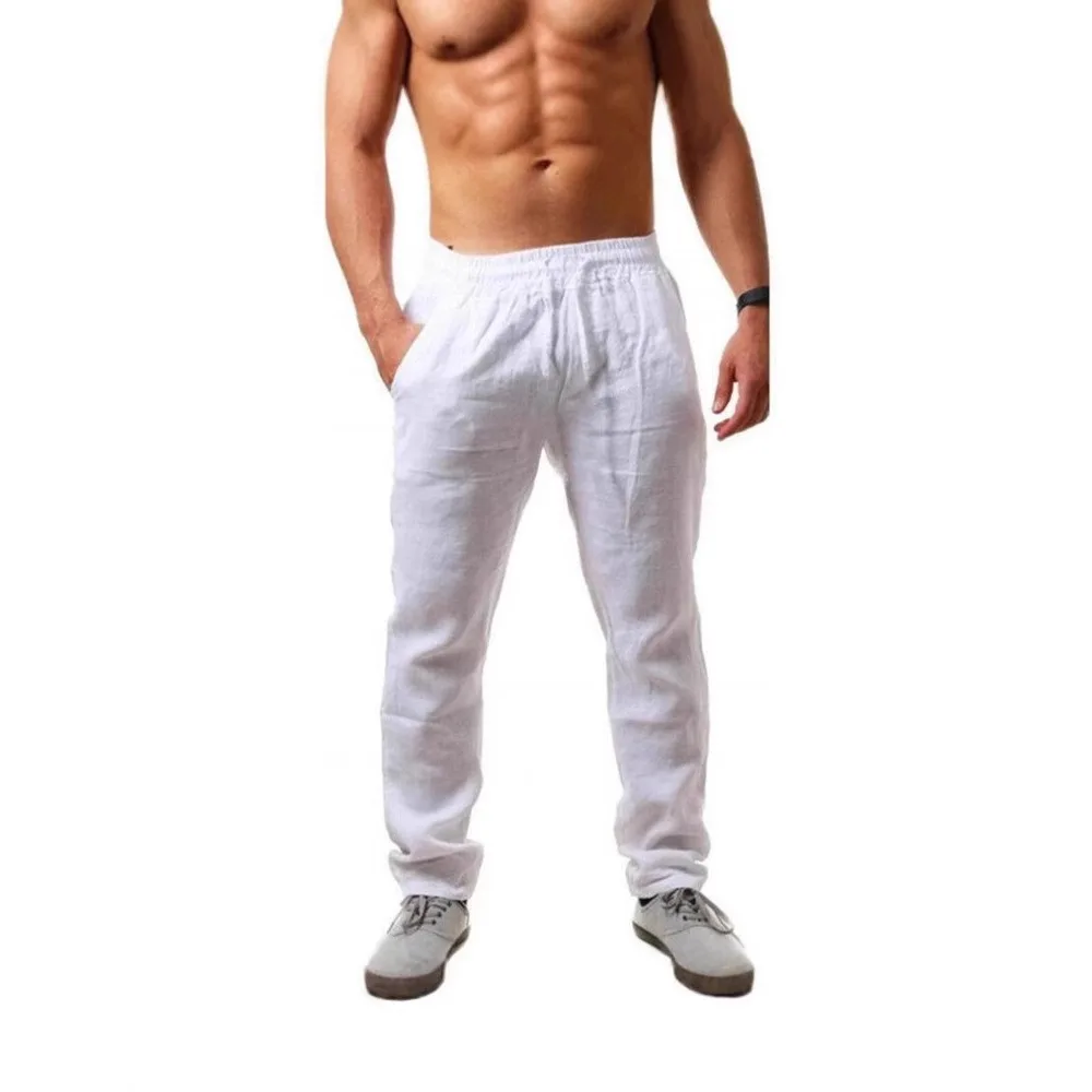 

European and American Summer Men's Solid Color Tether Hip-hop Breathable Cotton Linen Loose Casual Sports Trousers Men