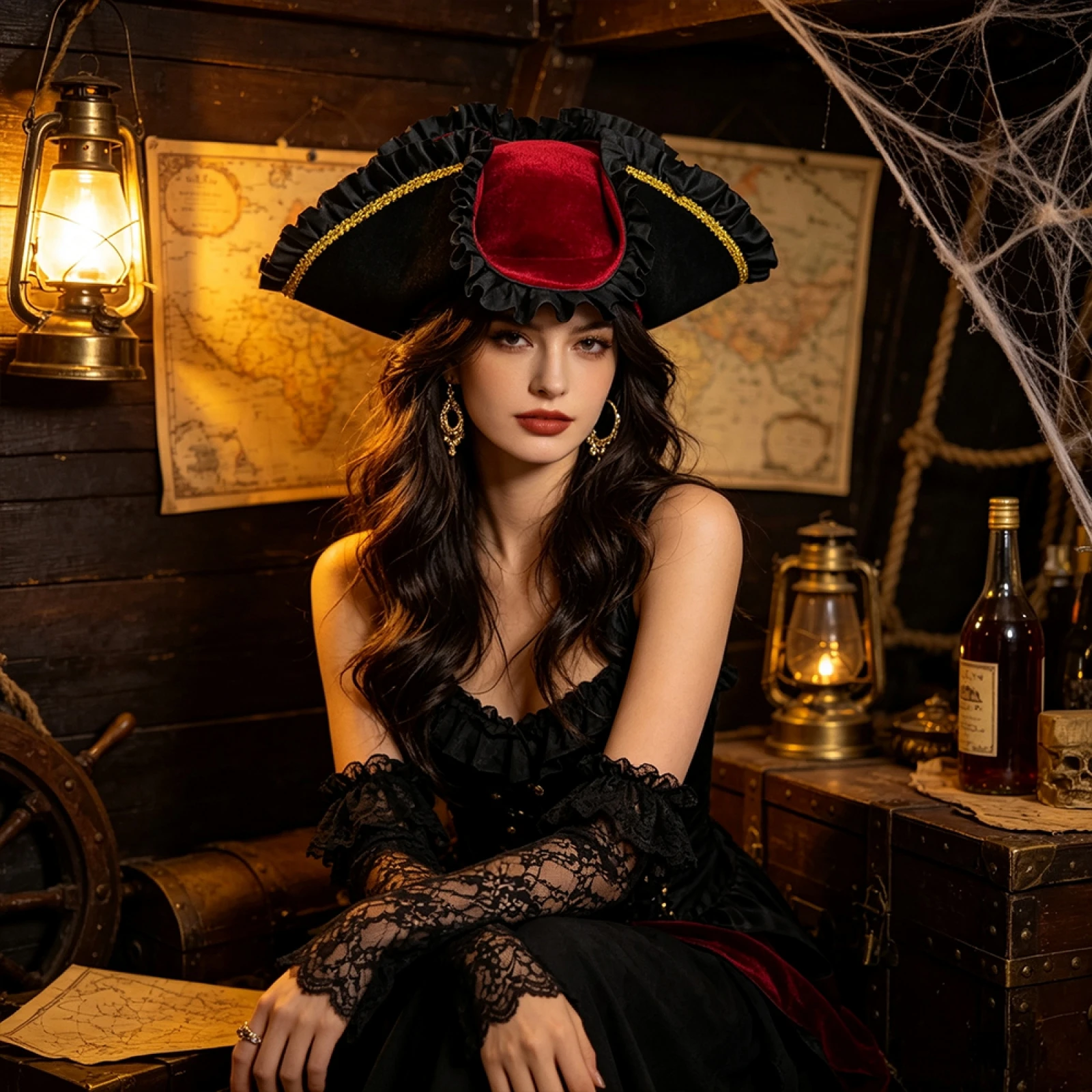 Velvet Pirate Tricorne Hat For Women, Black Red Feather Decor Ruffled Trim Halloween Cosplay Party Costume Accessory