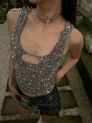 CHEERART Y2k Fashion Sequin Tank Top Women Cut Out Crop Top Clubwear Sleeveless Sexy Tops Woman 2024