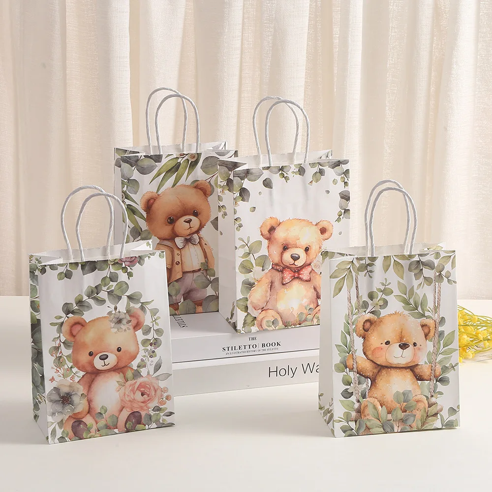 StoBag, Cute Bear Gift Bags with Handles, Kraft Paper Bag for Birthday Party Favors, Baby Shower, Decorations, Reusable 12/30pcs