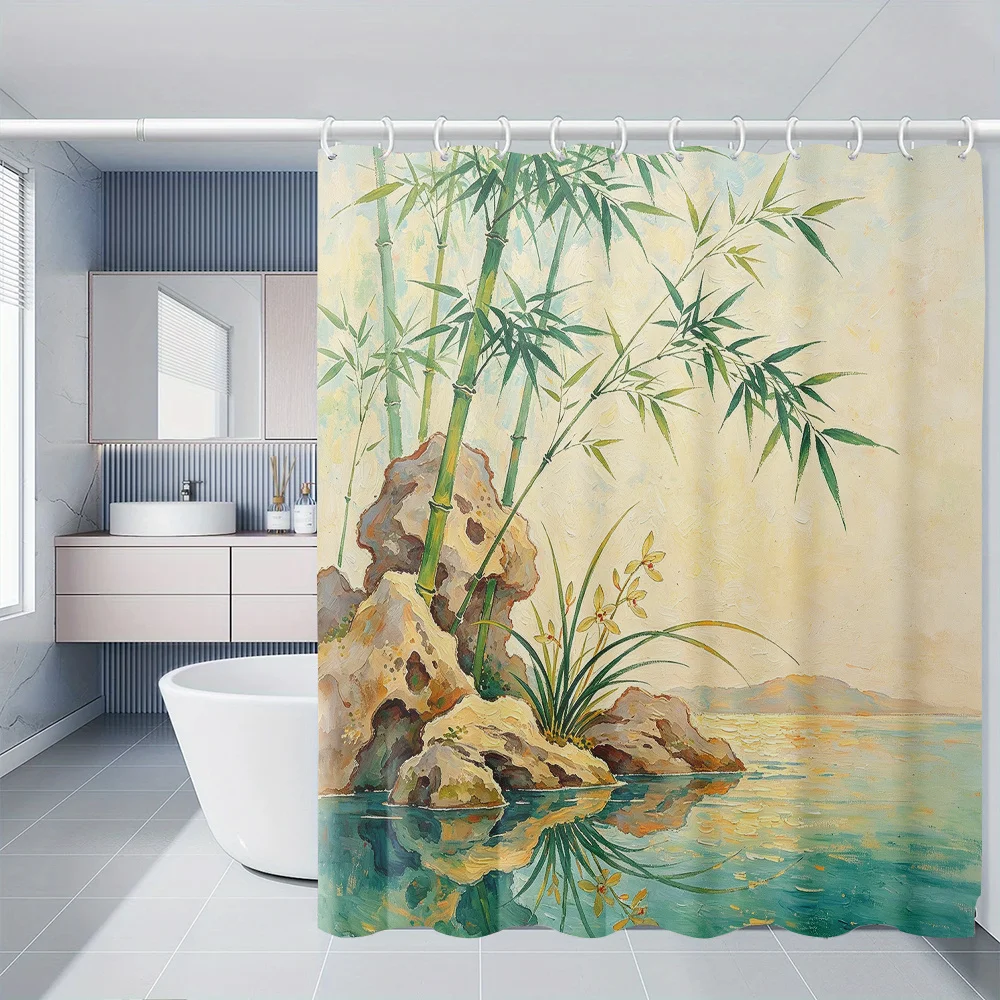 Tropical Bamboo Print Shower Curtain Liner Polyester Waterproof Bathroom Decor Zen Nature Landscape Seascape curtain for modern