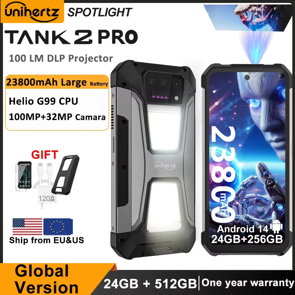 Unihertz Tank 2 PRO 8849 Telefones robustos com projetor 2.4K 23800 mAh 24GB + 512GB Android 14 100MP NFC 120W G99 Octa Core Dual SIM